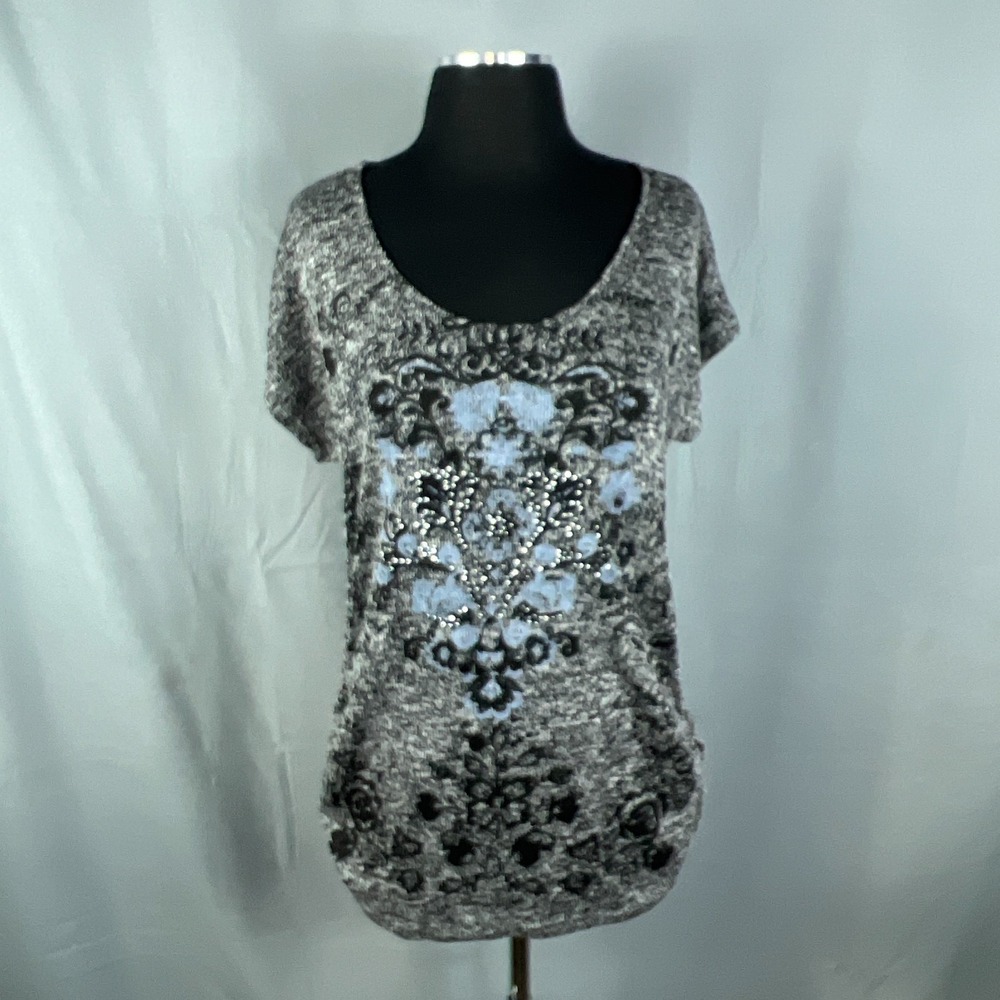 Agenda Blouse Top Womens XL Gray Black Embellished Floral Dolman Sleeve Casual